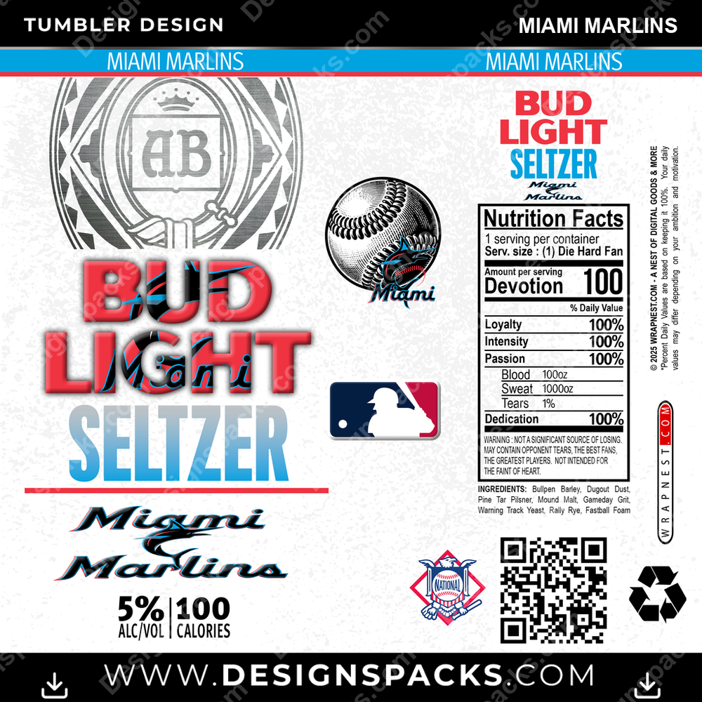 Baseball Bud Light Seltzer Miami Marlins Tumbler Digital Wrap Design