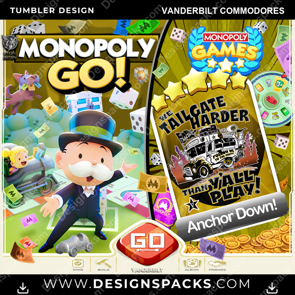 College Sport Monopoly Go! Vanderbilt Commodores Tumbler Digital Wrap Design