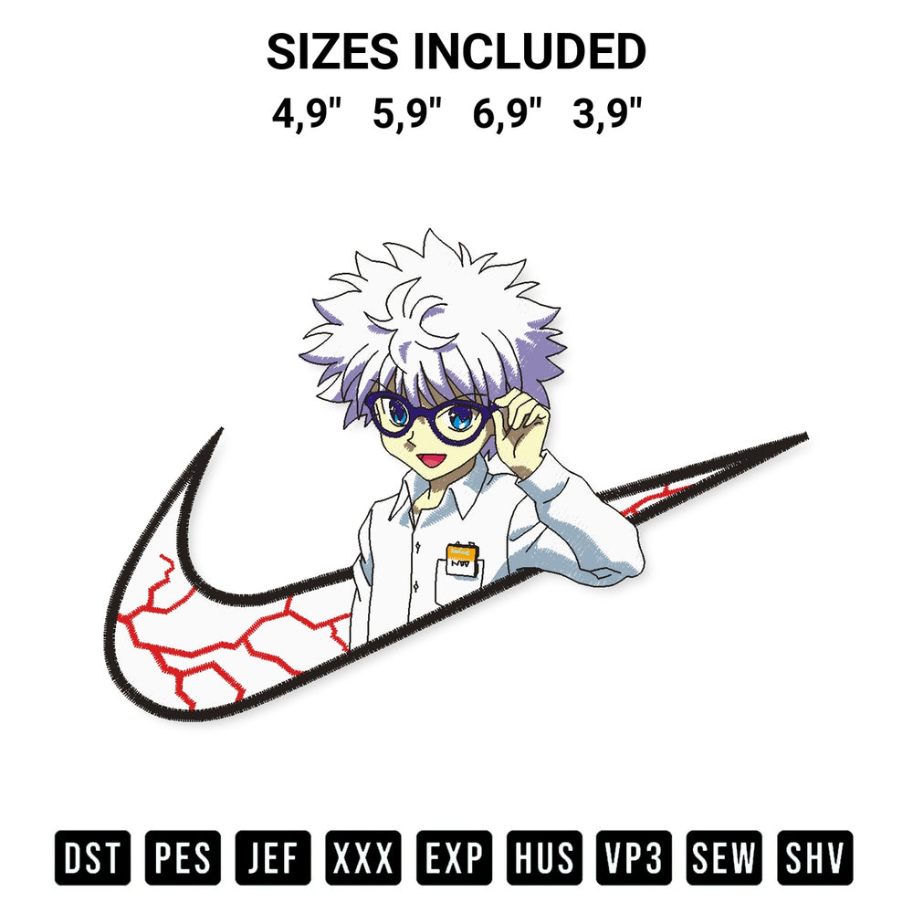 Get the Nike Killua Zoldyck Hunter Logo Embroidery Design embroidery design for your custom crafts! Premium digitized files available for instant download at Designspacks.com. Available sizes: 4,9", 5,9", 6,9", 3,9".
