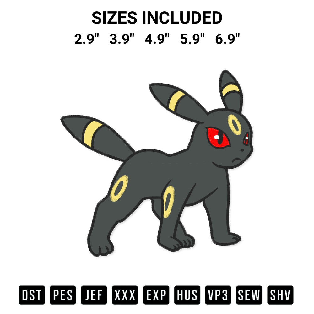 Shop the Umbreon Pokemon Embroidery Design machine embroidery pattern at Designspacks.com. Beautifully digitized for flawless stitching on any fabric. Available sizes: 2.9", 3.9", 4.9", 5.9", 6.9".