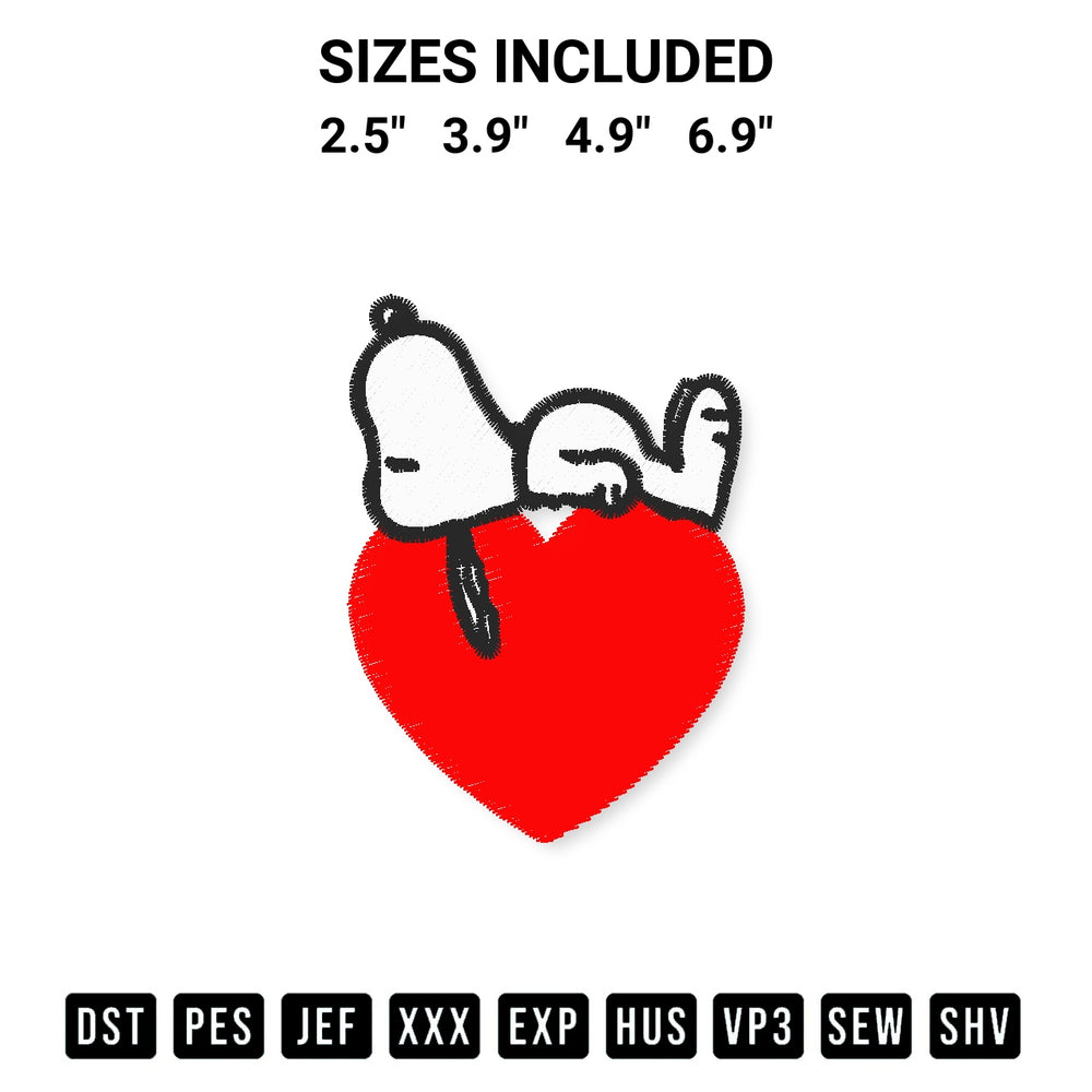 Shop the Snoopy Laying On Heart Embroidery Design machine embroidery pattern at Designspacks.com. Beautifully digitized for flawless stitching on any fabric. Available sizes: 2.5", 3.9", 4.9", 6.9".