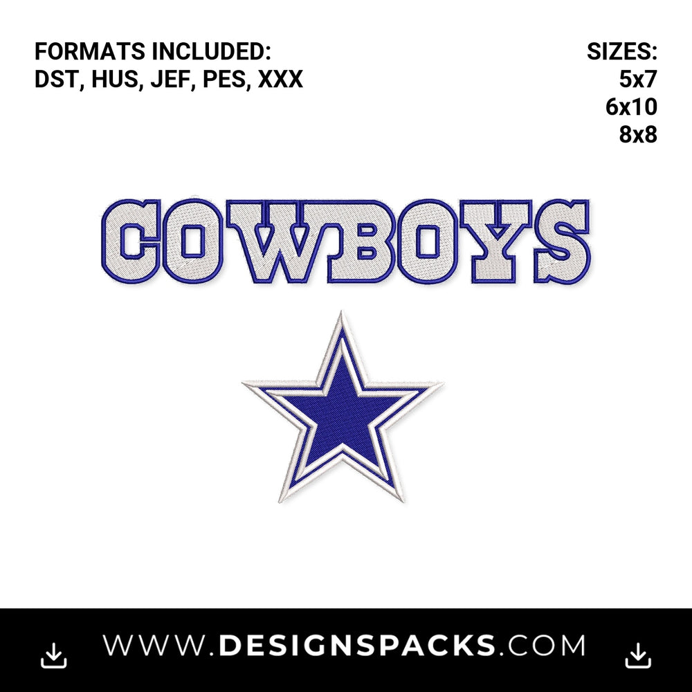 Dallas Cowboys Text and Star Logo Embroidery Design - Instant digital download pattern at Designspacks.com