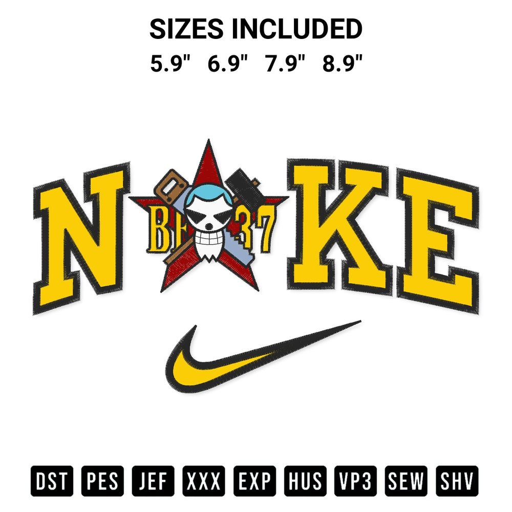 Create amazing crafts with the Franky Pirates Logo X Nike Embroidery Design embroidery file. High-quality digital download from Designspacks.com, perfect for beginners and pros. Available sizes: 5.9", 6.9", 7.9", 8.9".