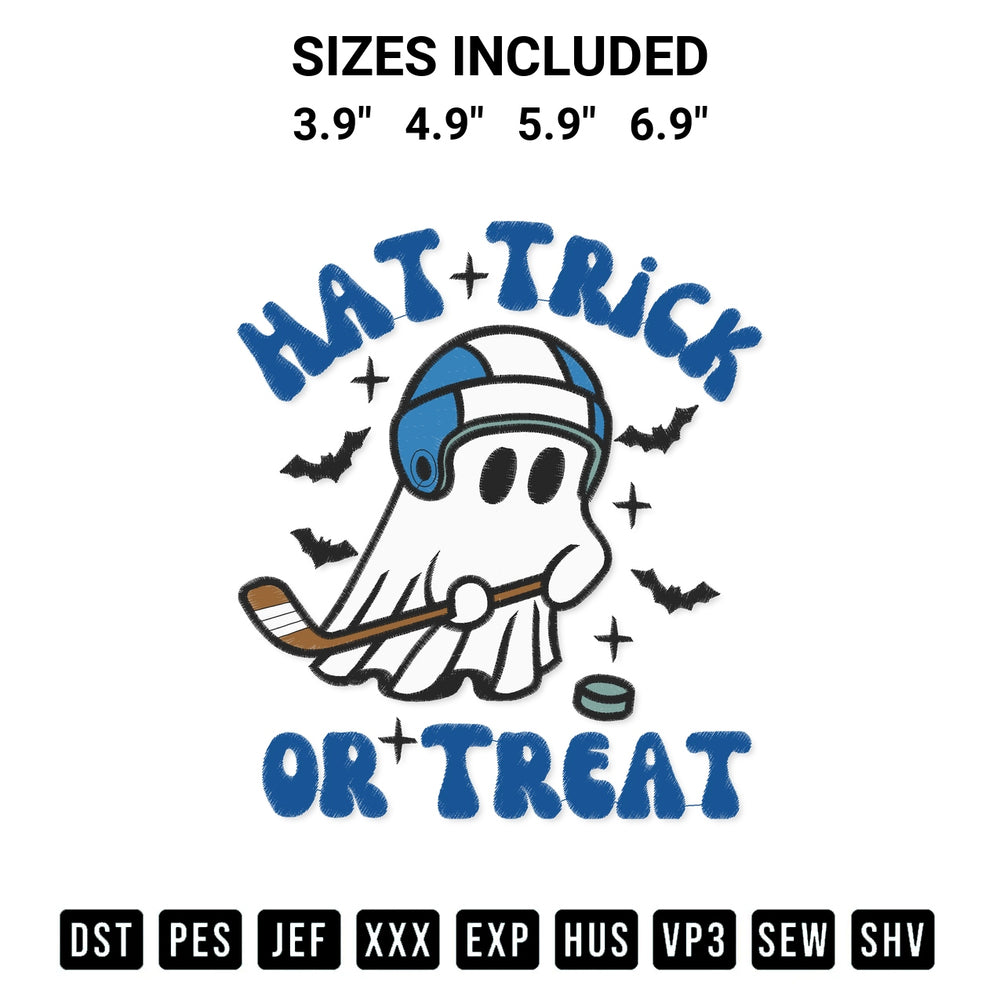 Elevate your next project with our Hat Trick Or Treat Hockey Halloween Embroidery Design embroidery file. Shop high-quality digital patterns instantly at Designspacks.com. Available sizes: 3.9", 4.9", 5.9", 6.9".
