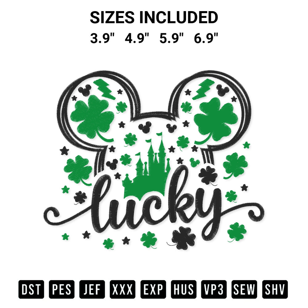 Shop the Lucky Mickey Head Disney Castle Embroidery Design machine embroidery pattern at Designspacks.com. Beautifully digitized for flawless stitching on any fabric. Available sizes: 3.9", 4.9", 5.9", 6.9".