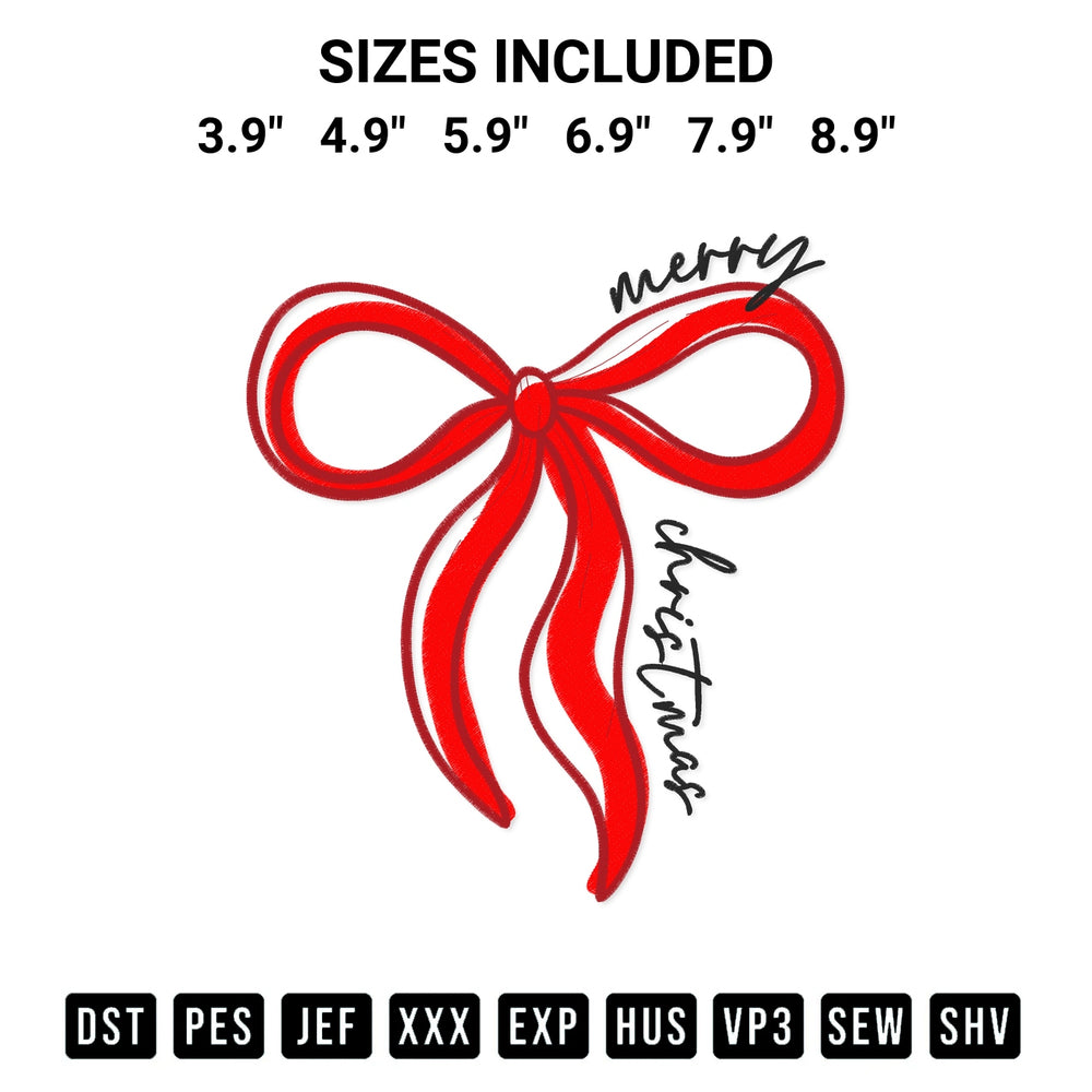 Add a unique touch to your apparel with the Merry Christmas Bow Embroidery Design embroidery file. Premium instant download available now on Designspacks.com. Available sizes: 3.9", 4.9", 5.9", 6.9", 7.9", 8.9".
