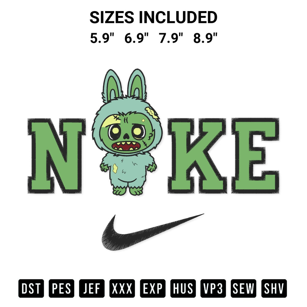 Get the Nike Zombie Labubu Embroidery Design embroidery design for your custom crafts! Premium digitized files available for instant download at Designspacks.com. Available sizes: 5.9", 6.9", 7.9", 8.9".