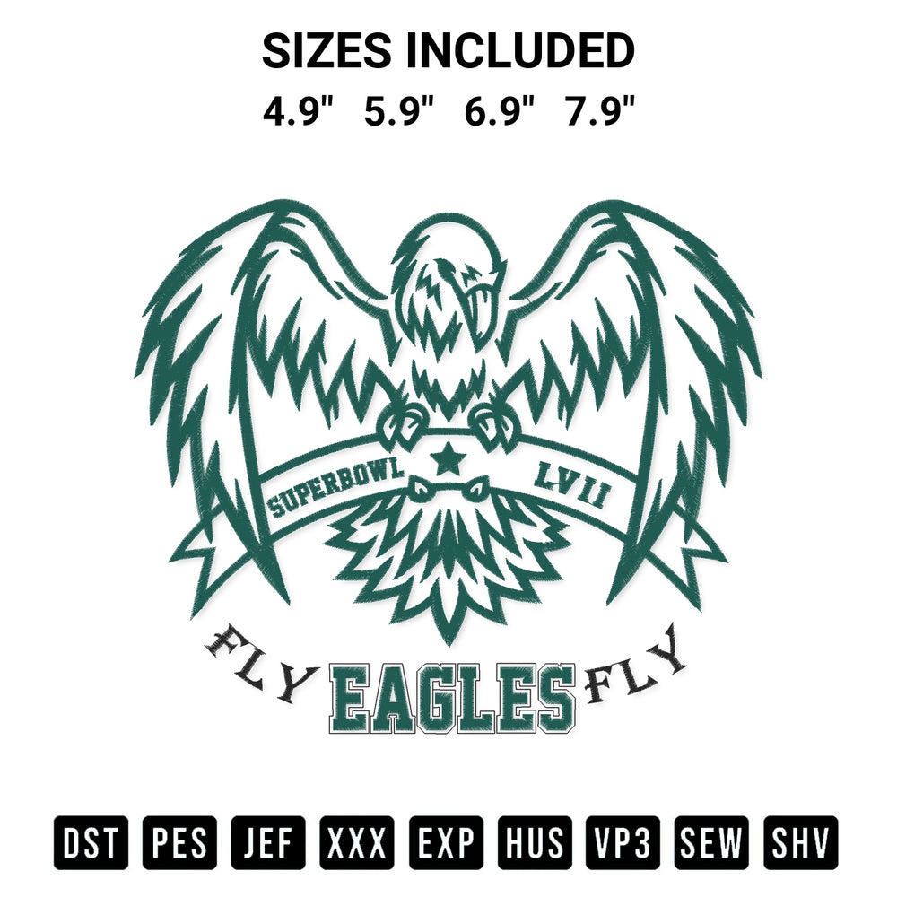 Create amazing crafts with the Fly Eagles Fly Philadelphia Eagles Superbowl Lvii 2023 Embroidery Design embroidery file. High-quality digital download from Designspacks.com, perfect for beginners and pros. Available sizes: 4.9", 5.9", 6.9", 7.9".