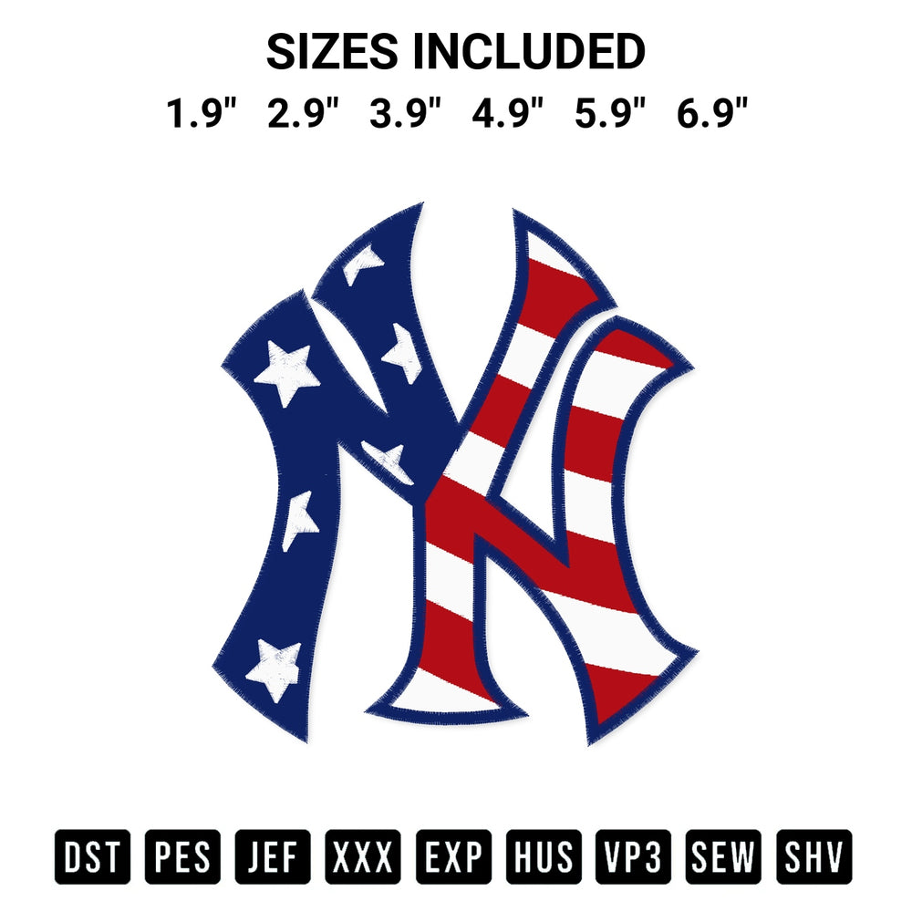 Download the New York Yankees Logo Usa Flag Embroidery Design machine embroidery design exclusively at Designspacks.com. Premium digitized pattern for apparel and DIY crafts. Available sizes: 1.9", 2.9", 3.9", 4.9", 5.9", 6.9".