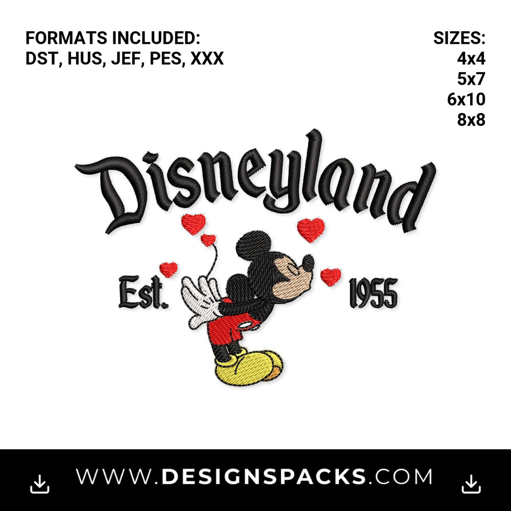 Disneyland Mickey Mouse Est 1955 Hearts Embroidery Design - Instant digital download pattern at Designspacks.com