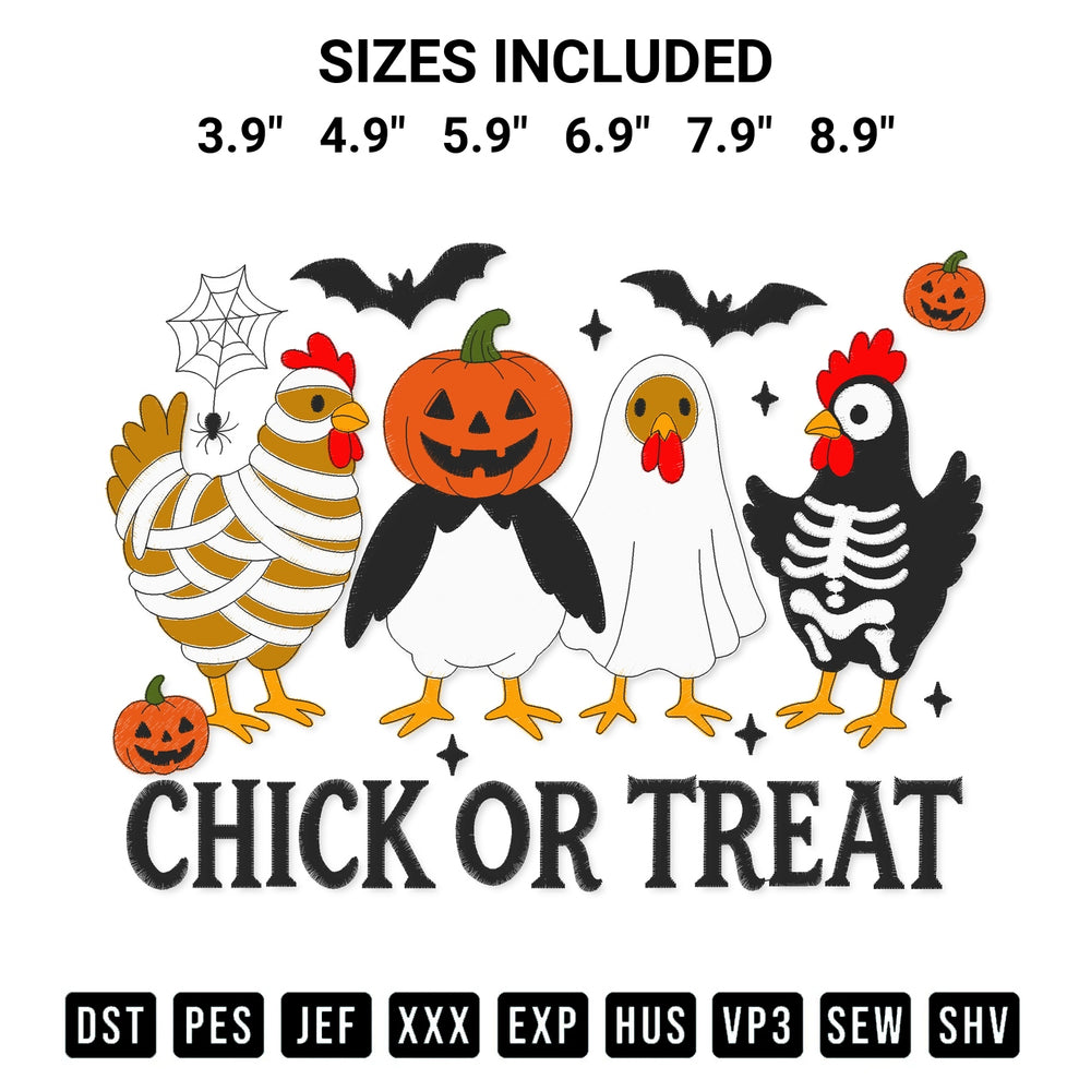 Create amazing crafts with the Chick Or Treat Halloween Embroidery Design embroidery file. High-quality digital download from Designspacks.com, perfect for beginners and pros. Available sizes: 3.9", 4.9", 5.9", 6.9", 7.9", 8.9".