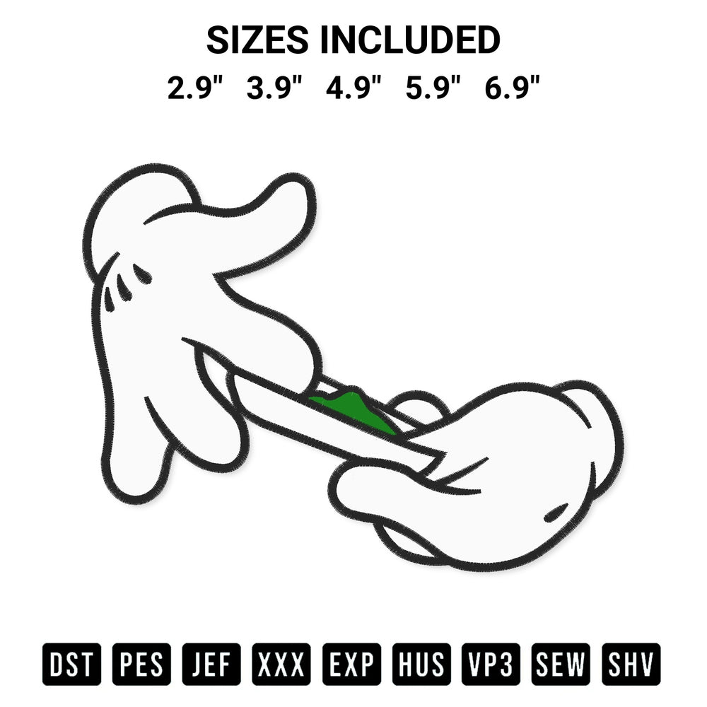 Shop the Mickey Mouse Hands Smoking Weed Embroidery Design machine embroidery pattern at Designspacks.com. Beautifully digitized for flawless stitching on any fabric. Available sizes: 2.9", 3.9", 4.9", 5.9", 6.9".