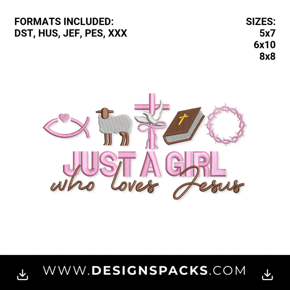 Just A Girl Who Loves Jesus Christian Embroidery Design - Instant digital download pattern at Designspacks.com