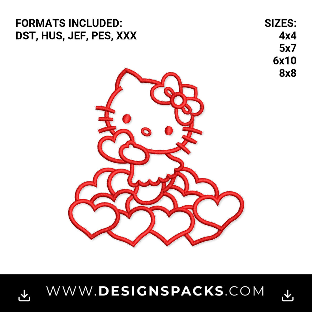 Valentine Kitty with Hearts Outline Embroidery Design - Instant digital download pattern at Designspacks.com