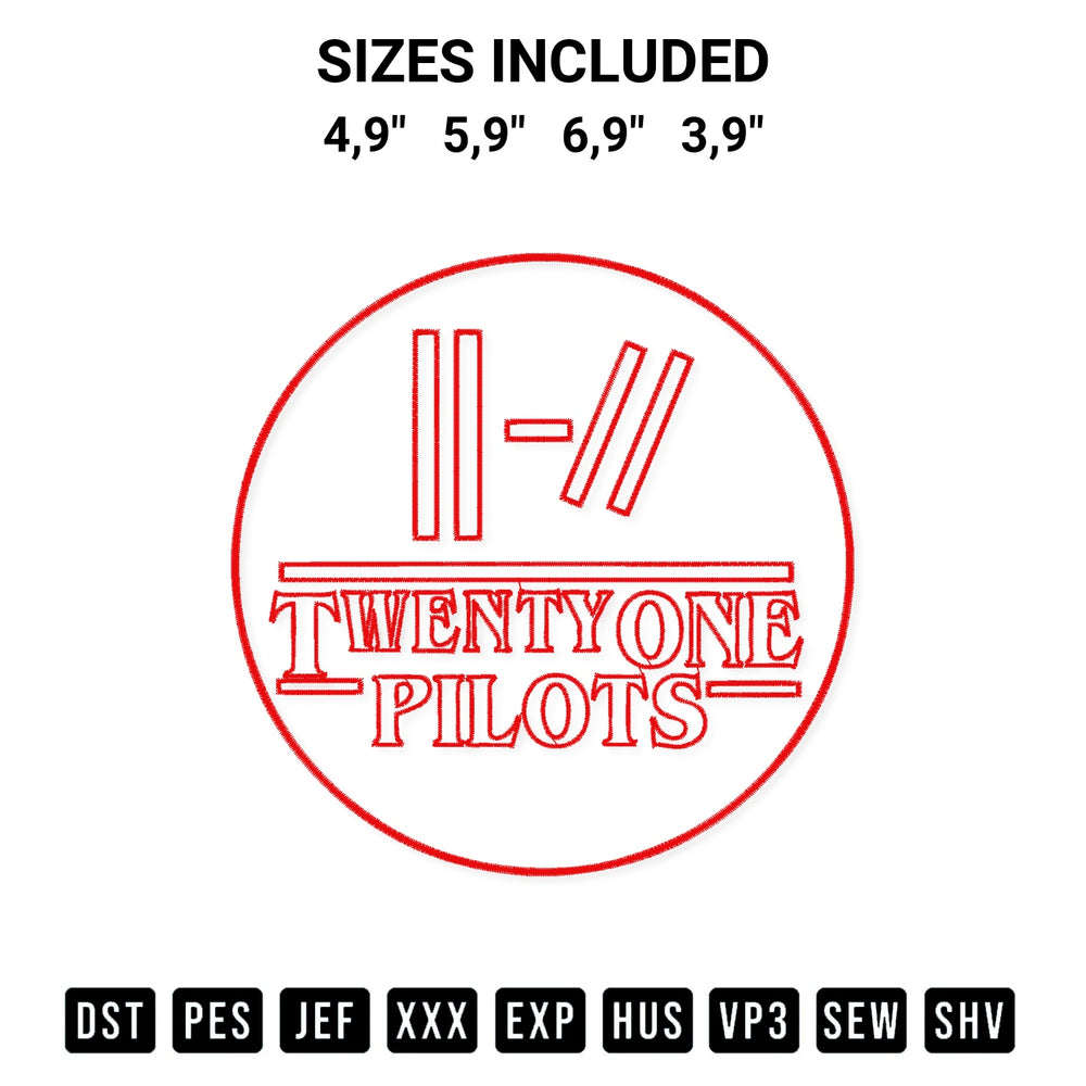 Create amazing crafts with the Twenty One Pilots Stranger Things Movie Music Gift Logo Embroidery Design embroidery file. High-quality digital download from Designspacks.com, perfect for beginners and pros. Available sizes: 4,9", 5,9", 6,9", 3,9".