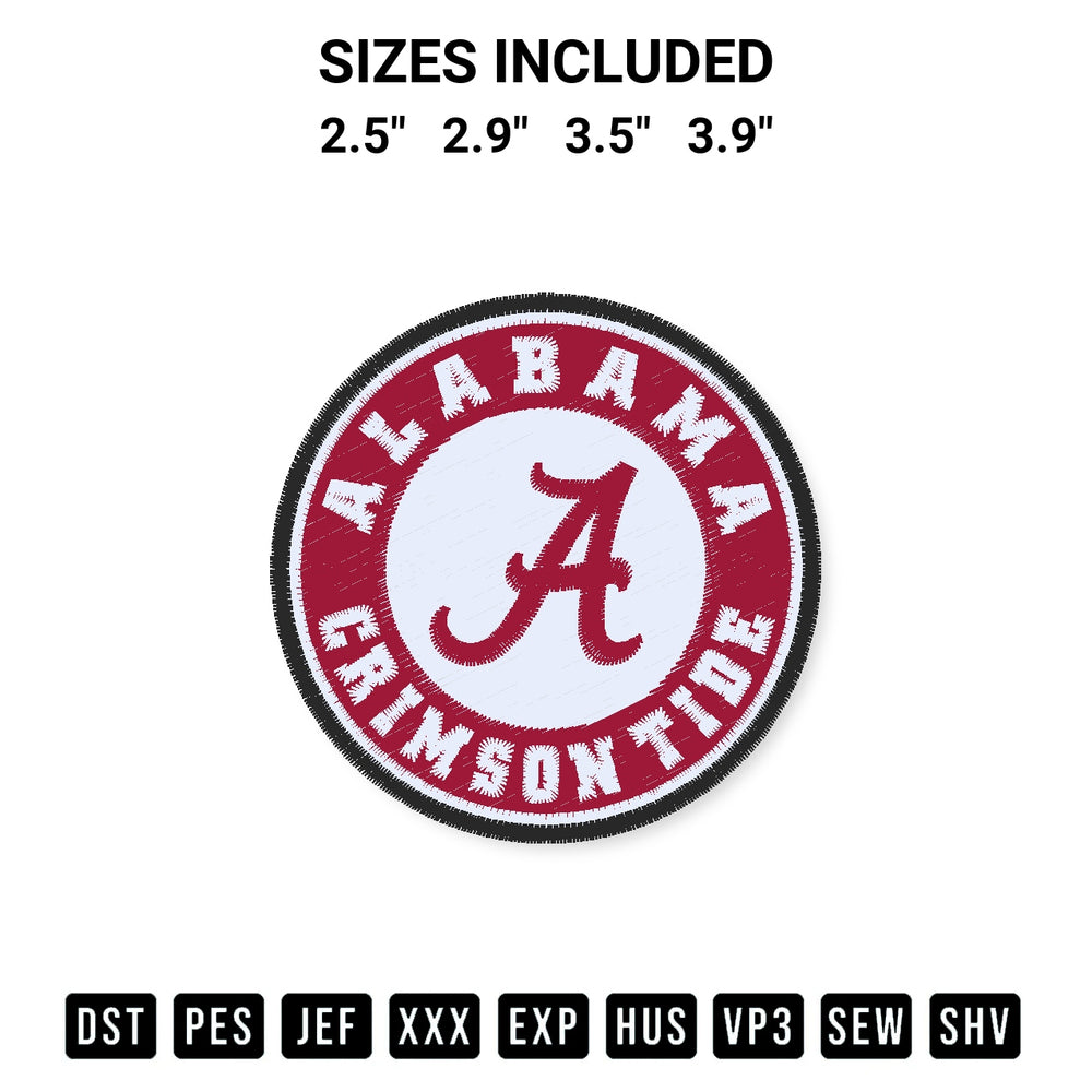 Looking for the perfect pattern? Download the Alabama Crimson Tide Logo Embroidery Design embroidery design today at Designspacks.com. Crisp, clean stitching guaranteed. Available sizes: 2.5", 2.9", 3.5", 3.9".