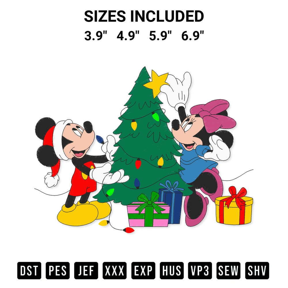Elevate your next project with our Mickey And Minnie Decorating Christmas Tree Embroidery Design embroidery file. Shop high-quality digital patterns instantly at Designspacks.com. Available sizes: 3.9", 4.9", 5.9", 6.9".