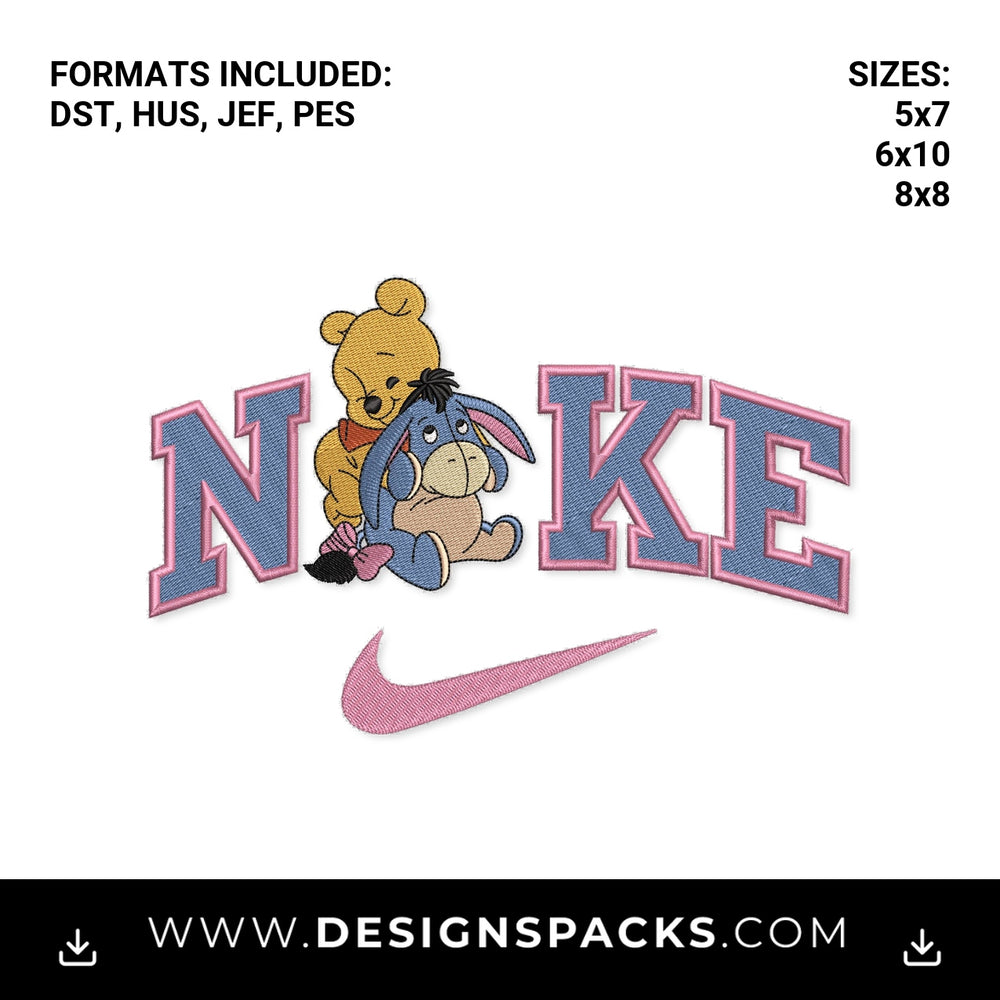 Winnie Pooh & Eeyore Nike Swoosh Embroidery Design - Instant digital download pattern at Designspacks.com