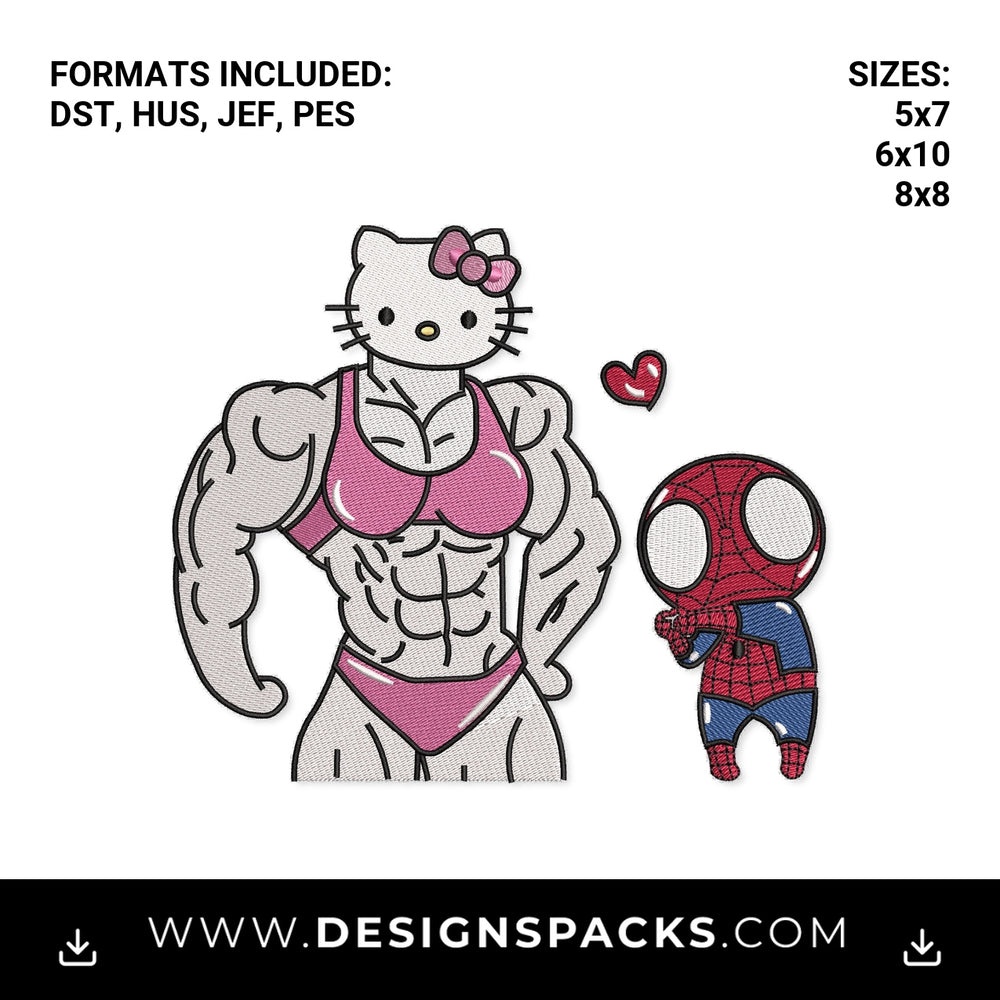 Muscular Kitty and Cute Spiderman Embroidery Design - Instant digital download pattern at Designspacks.com