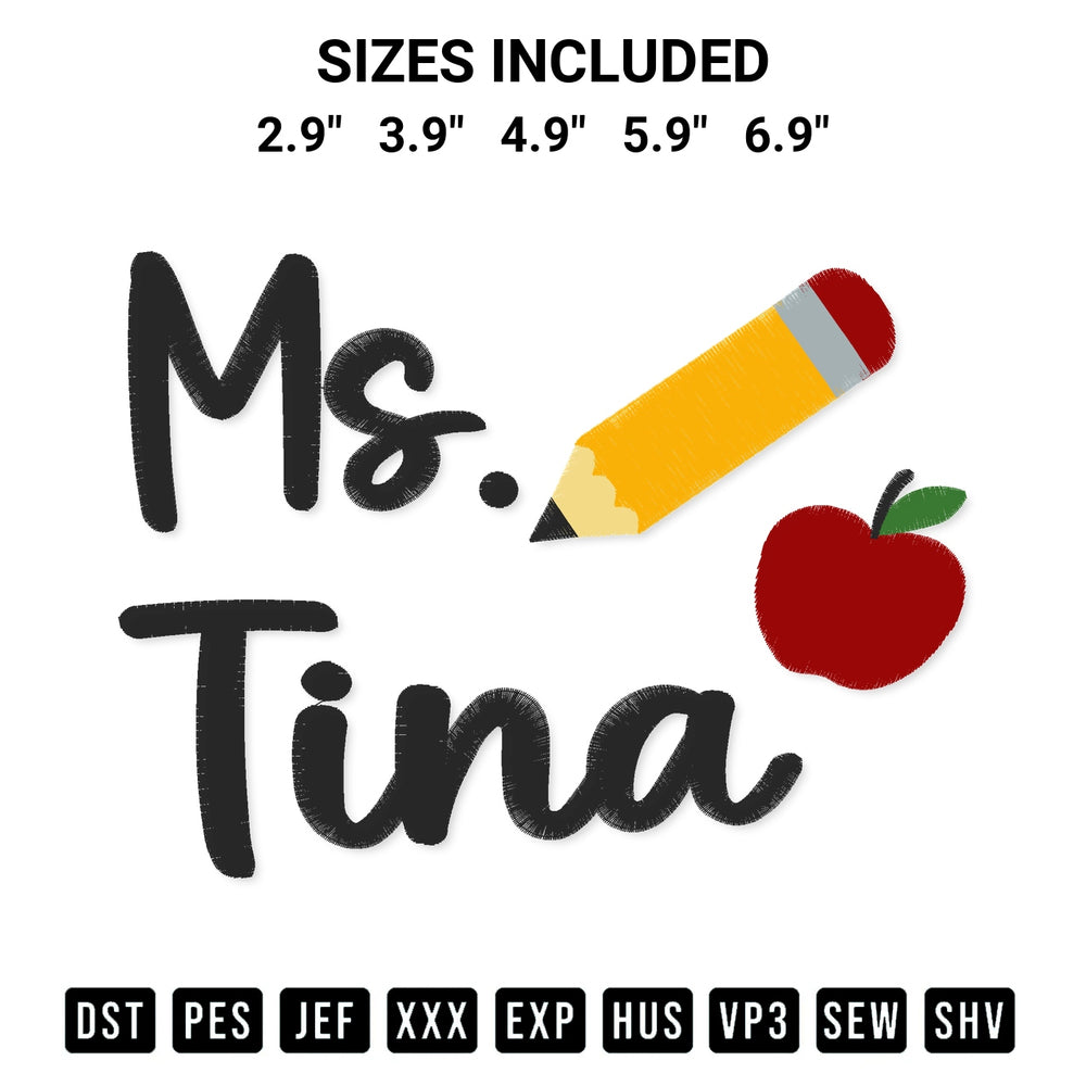 Elevate your next project with our Ms Tina Apple Pencil Embroidery Design embroidery file. Shop high-quality digital patterns instantly at Designspacks.com. Available sizes: 2.9", 3.9", 4.9", 5.9", 6.9".
