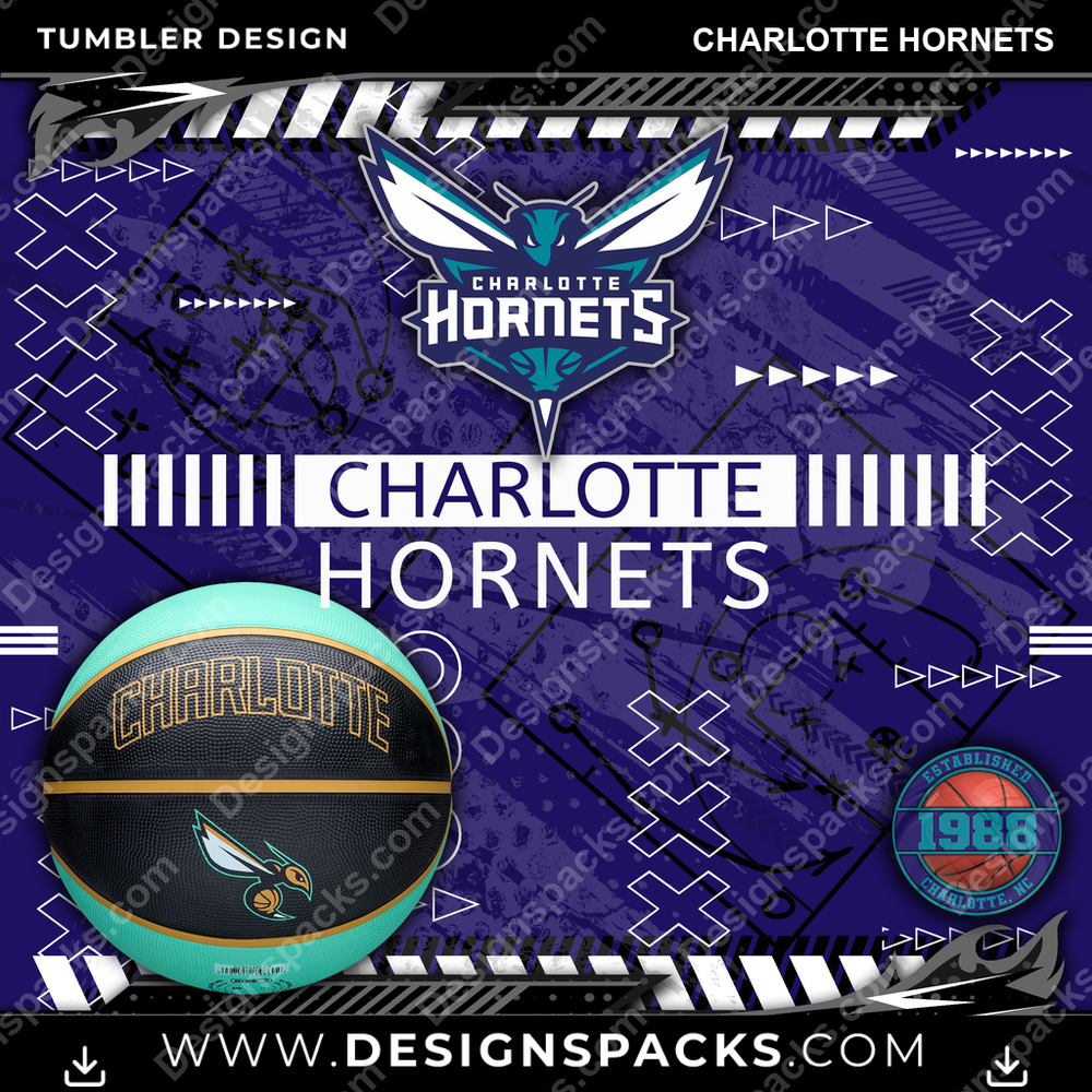 Basketball Xs & Os Charlotte Hornets NBA Basketball Tumbler Digital Wrap Design Download