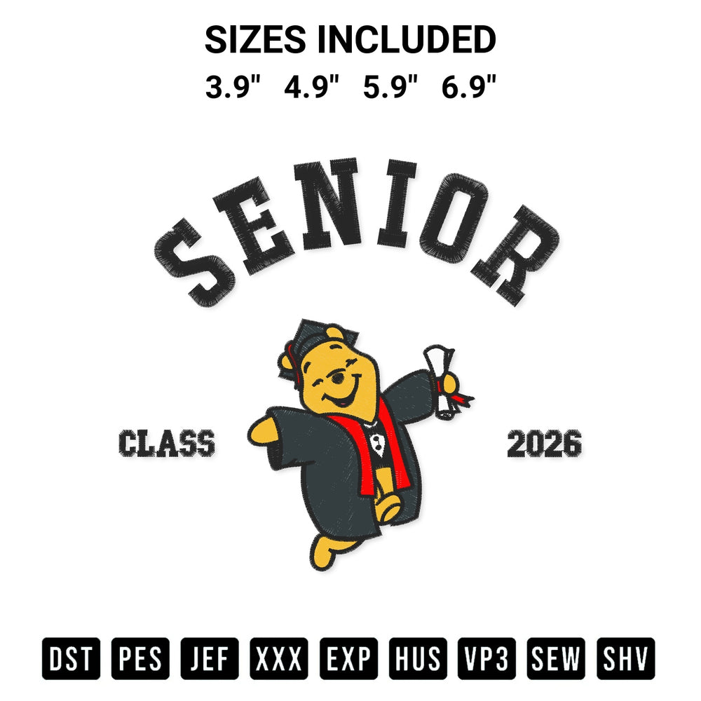 Create amazing crafts with the Pooh Bear Senior Class 2026 Embroidery Design embroidery file. High-quality digital download from Designspacks.com, perfect for beginners and pros. Available sizes: 3.9", 4.9", 5.9", 6.9".