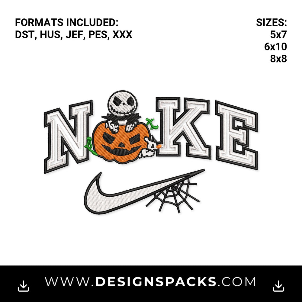 Halloween Jack Skellington Swoosh Embroidery Design - Instant digital download pattern at Designspacks.com
