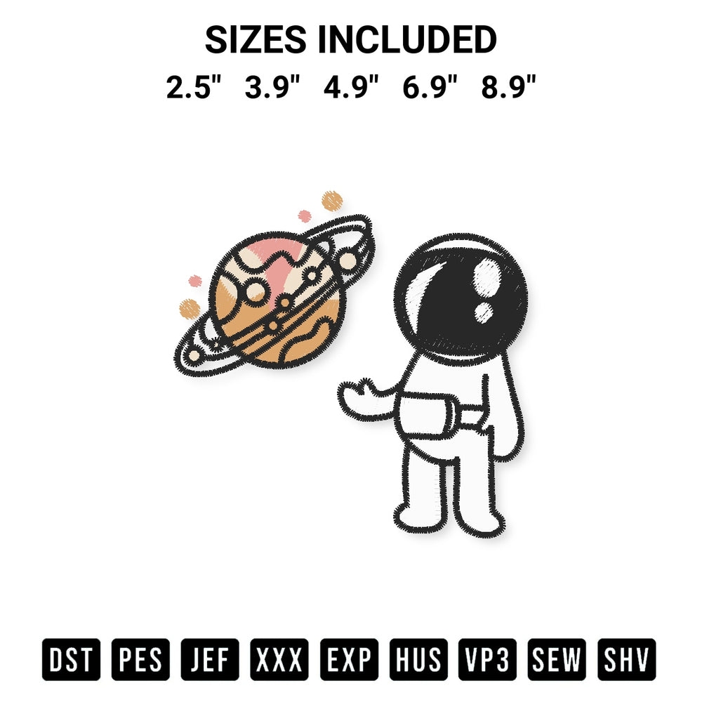Add a unique touch to your apparel with the Cute Astronaut Space 2 Embroidery Design embroidery file. Premium instant download available now on Designspacks.com. Available sizes: 2.5", 3.9", 4.9", 6.9", 8.9".