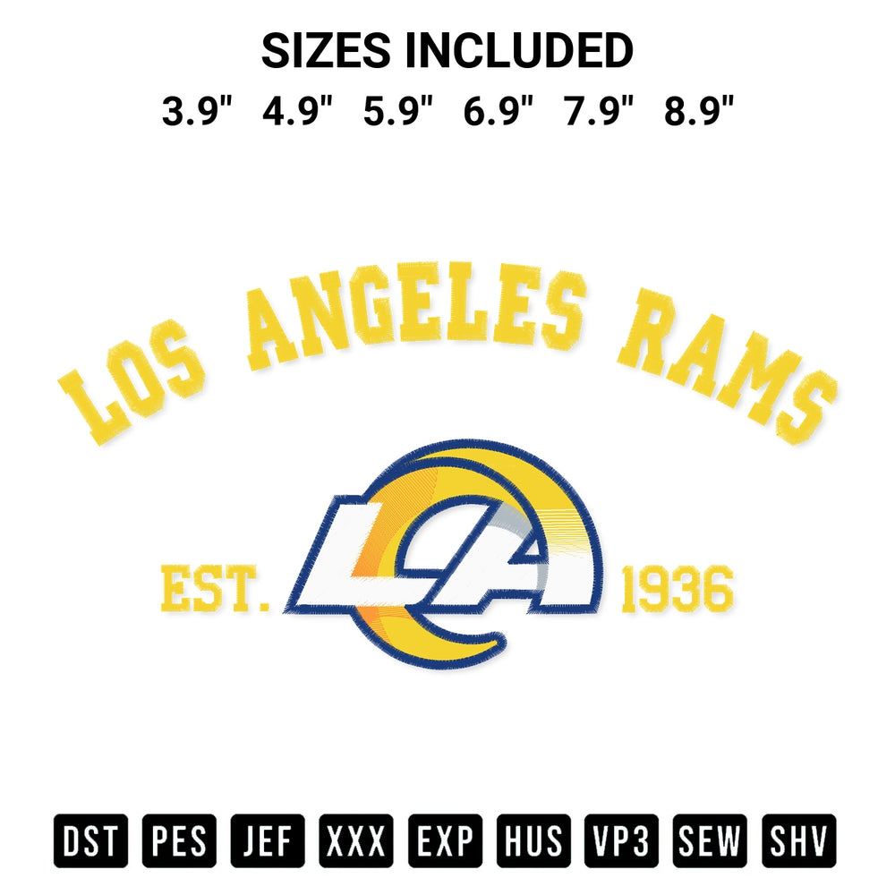 Add a unique touch to your apparel with the Los Angeles Rams Est 1936 Embroidery Design embroidery file. Premium instant download available now on Designspacks.com. Available sizes: 3.9", 4.9", 5.9", 6.9", 7.9", 8.9".