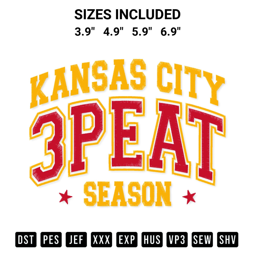 Shop the Kansas City 3 Peat Season Embroidery Design machine embroidery pattern at Designspacks.com. Beautifully digitized for flawless stitching on any fabric. Available sizes: 3.9", 4.9", 5.9", 6.9".