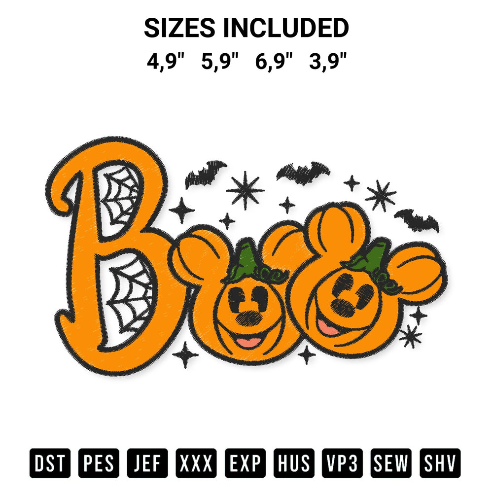 Shop the Boo Mickey Mouse Pumpkin Mickey Boo Disney Halloween Cute Gift Logo Embroidery Design machine embroidery pattern at Designspacks.com. Beautifully digitized for flawless stitching on any fabric. Available sizes: 4,9", 5,9", 6,9", 3,9".