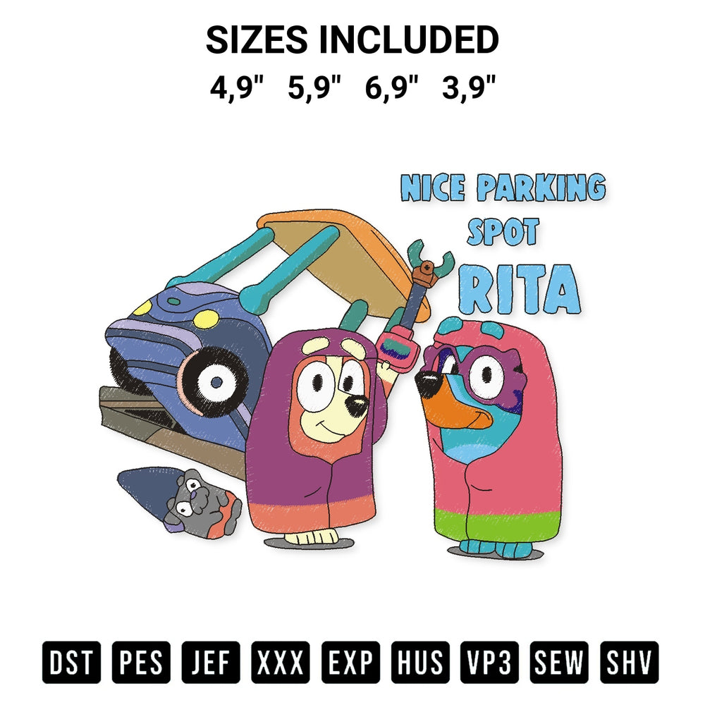 Elevate your next project with our Bluey And Bingo Nice Parking Spot Rita Funny Disney Cartoon Bluey Logo Embroidery Design embroidery file. Shop high-quality digital patterns instantly at Designspacks.com. Available sizes: 4,9", 5,9", 6,9", 3,9".