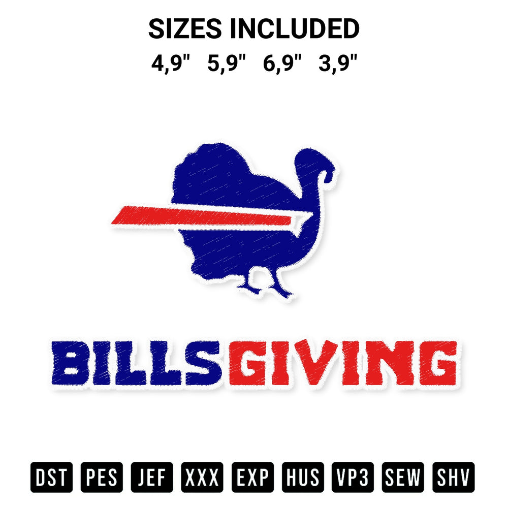 Download the Billsgiving Happy Thanksgiving Chicken American Football Logo Embroidery Design machine embroidery design exclusively at Designspacks.com. Premium digitized pattern for apparel and DIY crafts. Available sizes: 4,9", 5,9", 6,9", 3,9".