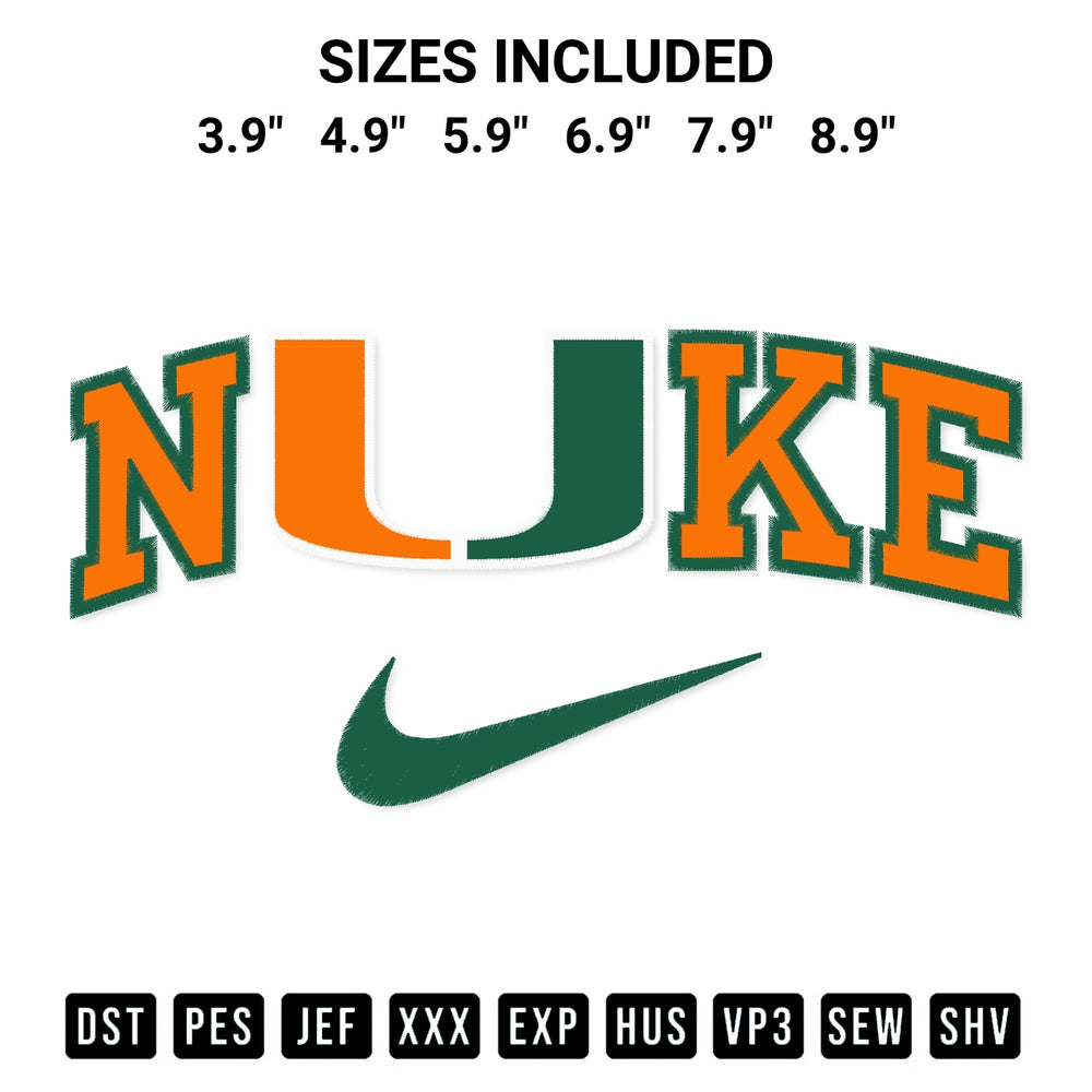 Stitch like a pro with the Miami Hurricanes X Nike Embroidery Design embroidery pattern from Designspacks.com. High-quality digital machine embroidery file. Available sizes: 3.9", 4.9", 5.9", 6.9", 7.9", 8.9".
