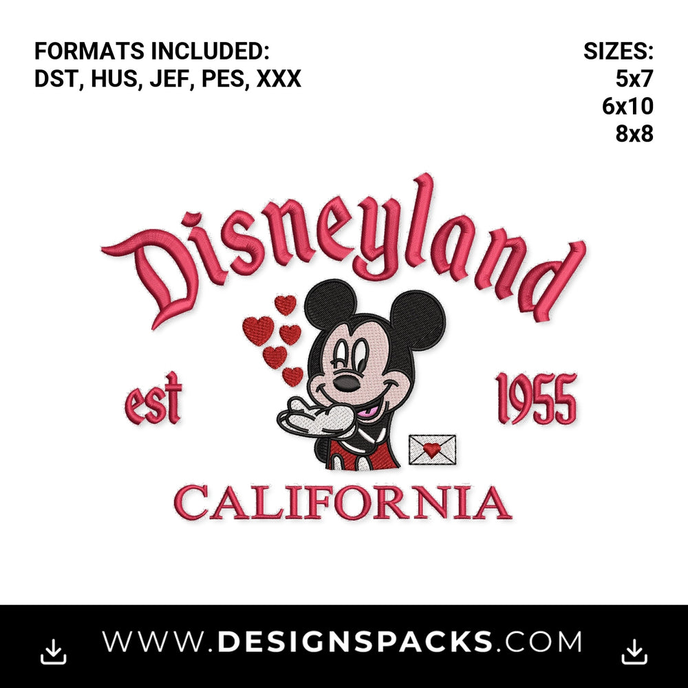 Disneyland California Valentine Mickey Embroidery Design - Instant digital download pattern at Designspacks.com