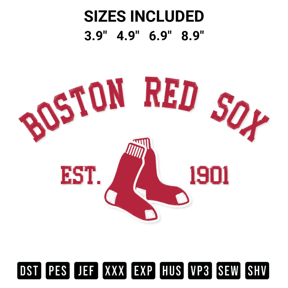 Get the Boston Red Sox Est 1901 Embroidery Design embroidery design for your custom crafts! Premium digitized files available for instant download at Designspacks.com. Available sizes: 3.9", 4.9", 6.9", 8.9".