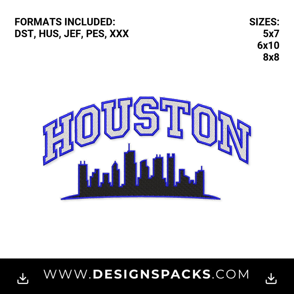 Houston City Skyline Varsity Arch Embroidery Design - Instant digital download pattern at Designspacks.com