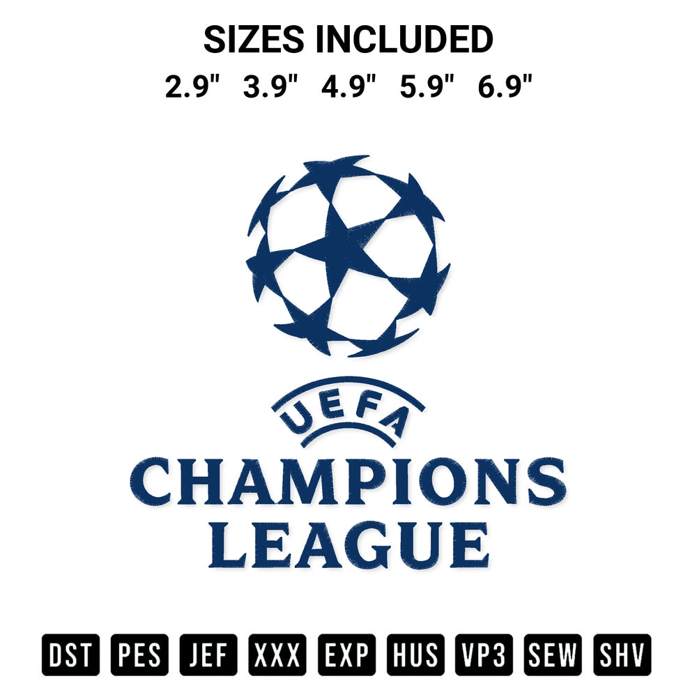 Transform your fabrics with the Uefa Champions League Embroidery Design embroidery design. Instant access to premium digitized patterns at Designspacks.com. Available sizes: 2.9", 3.9", 4.9", 5.9", 6.9".