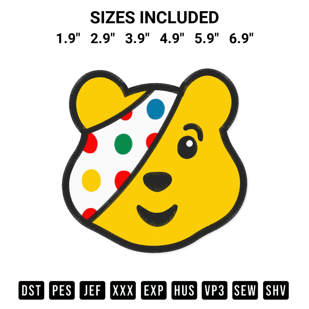 Shop the Pudsey Bear Face Embroidery Design machine embroidery pattern at Designspacks.com. Beautifully digitized for flawless stitching on any fabric. Available sizes: 1.9", 2.9", 3.9", 4.9", 5.9", 6.9".