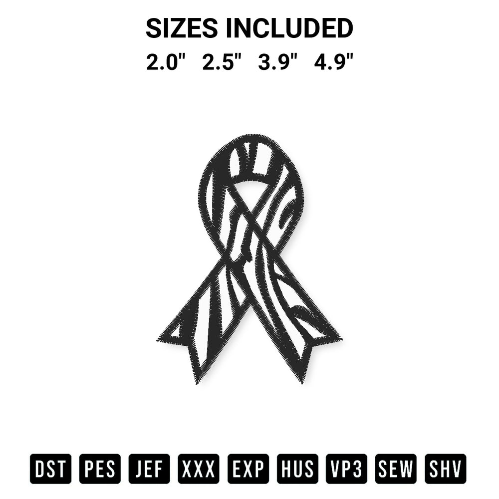 Add a unique touch to your apparel with the Zebra Awareness Ribbon Embroidery Design embroidery file. Premium instant download available now on Designspacks.com. Available sizes: 2.0", 2.5", 3.9", 4.9".