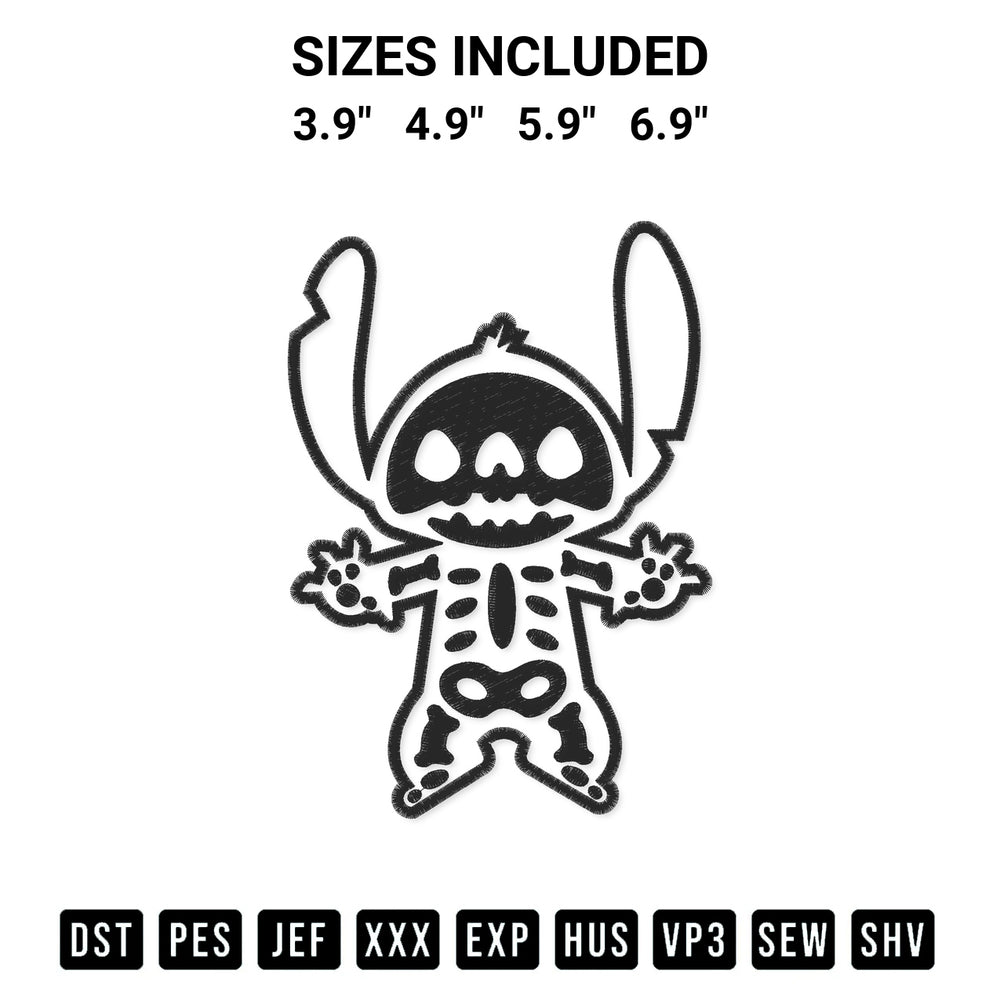 Add a unique touch to your apparel with the Stitch Skeleton Embroidery Design embroidery file. Premium instant download available now on Designspacks.com. Available sizes: 3.9", 4.9", 5.9", 6.9".