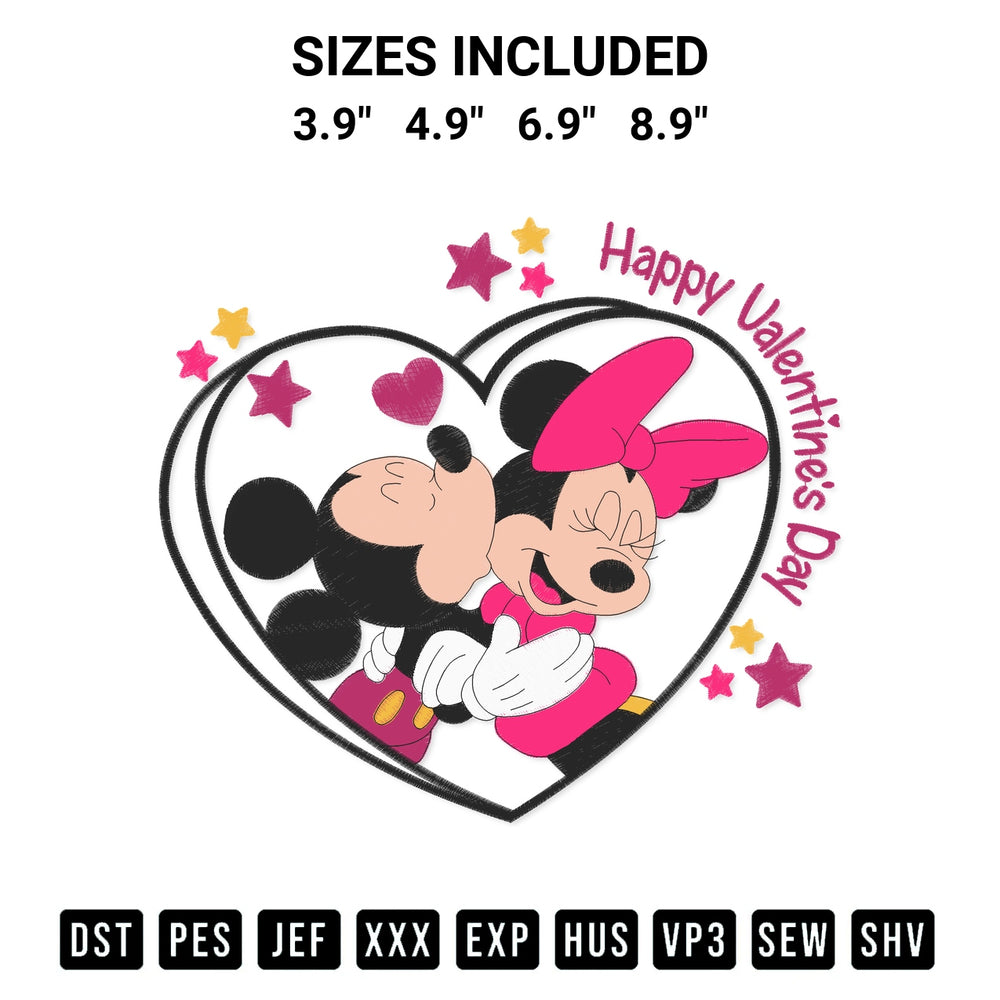 Download the Happy Valentine Day Mickey And Minnie Embroidery Design machine embroidery design exclusively at Designspacks.com. Premium digitized pattern for apparel and DIY crafts. Available sizes: 3.9", 4.9", 6.9", 8.9".