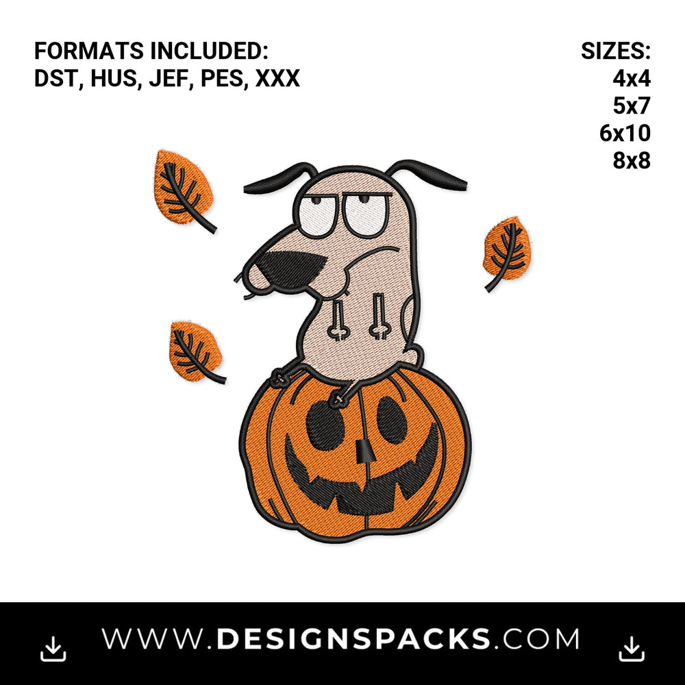 Courage the Dog Halloween Pumpkin Embroidery Design - Instant digital download pattern at Designspacks.com