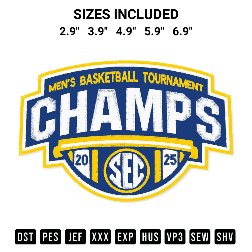 Looking for the perfect pattern? Download the 2025 Sec Mens Basketball Tournament Champs Embroidery Design embroidery design today at Designspacks.com. Crisp, clean stitching guaranteed. Available sizes: 2.9", 3.9", 4.9", 5.9", 6.9".
