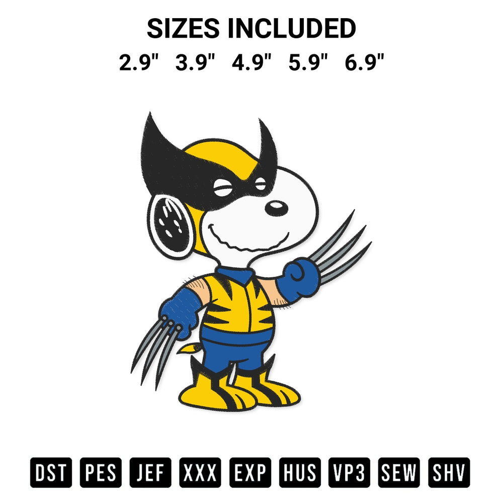 Create amazing crafts with the Snoopy As Wolverine Embroidery Design embroidery file. High-quality digital download from Designspacks.com, perfect for beginners and pros. Available sizes: 2.9", 3.9", 4.9", 5.9", 6.9".