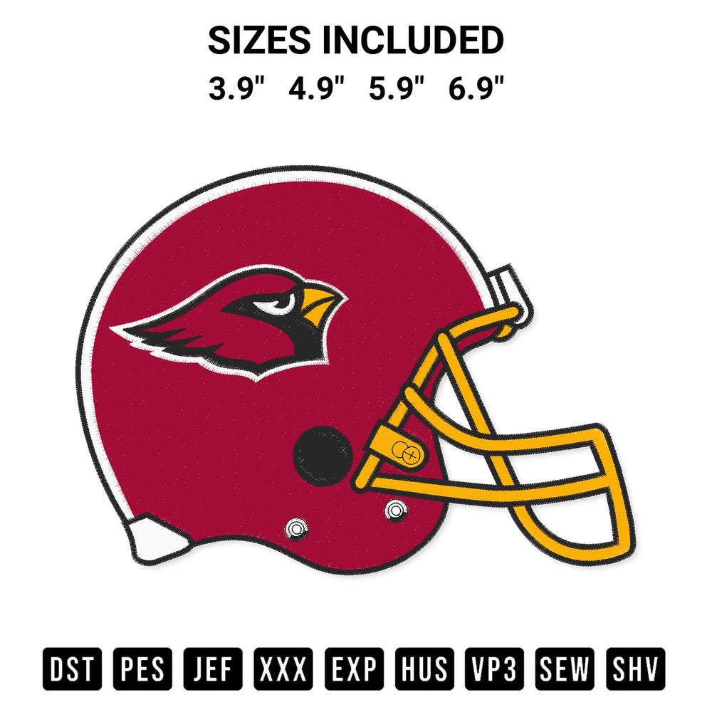 Stitch like a pro with the Arizona Cardinals Helmet Embroidery Design embroidery pattern from Designspacks.com. High-quality digital machine embroidery file. Available sizes: 3.9", 4.9", 5.9", 6.9".