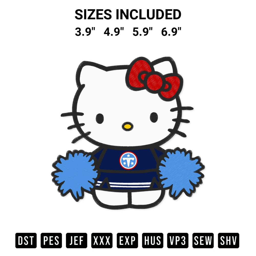 Add a unique touch to your apparel with the Tennessee Titans Hello Kitty Cheerleader Embroidery Design embroidery file. Premium instant download available now on Designspacks.com. Available sizes: 3.9", 4.9", 5.9", 6.9".