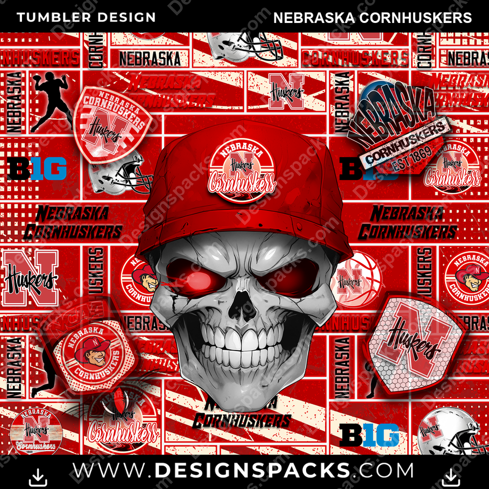 College Sport Skull Nebraska Cornhuskers Tumbler Digital Wrap Design