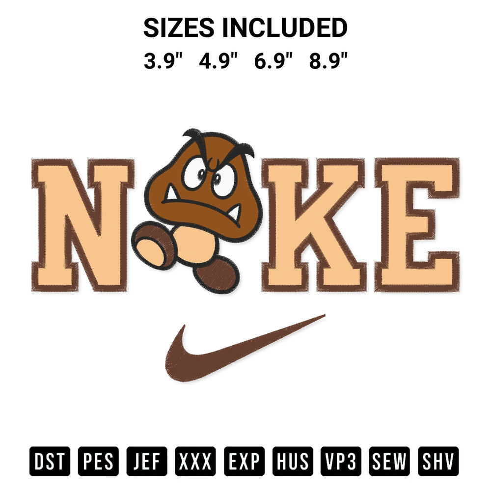 Shop the Goomba X Nike Embroidery Design machine embroidery pattern at Designspacks.com. Beautifully digitized for flawless stitching on any fabric. Available sizes: 3.9", 4.9", 6.9", 8.9".
