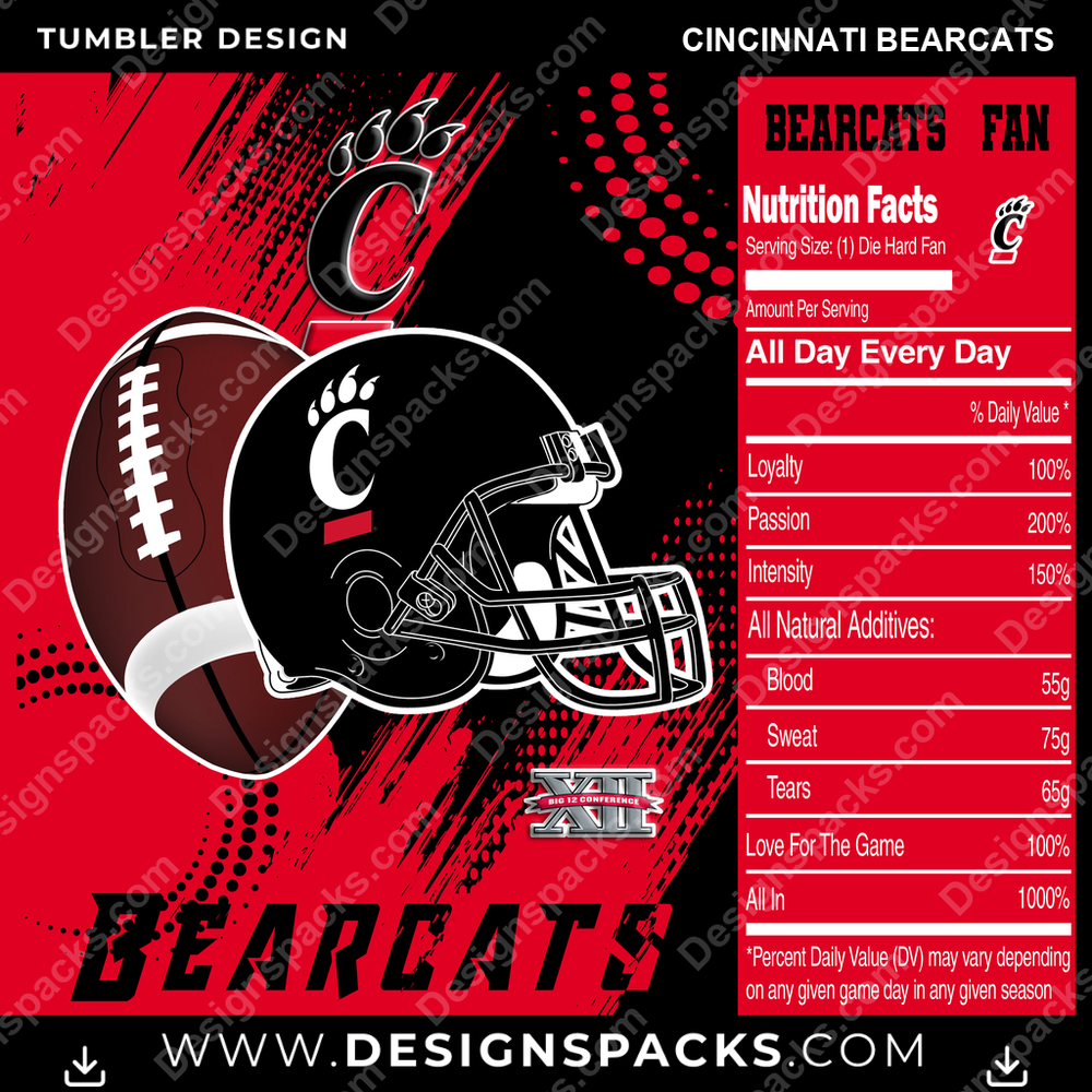 College Sport Team Fan CFB Cincinnati Bearcats NCAA College Sport Tumbler Digital Wrap Design Download